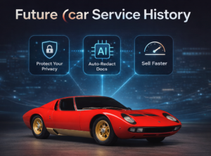 Red classic sports car with digital icons representing privacy protection, AI document redaction, and faster vehicle sales.